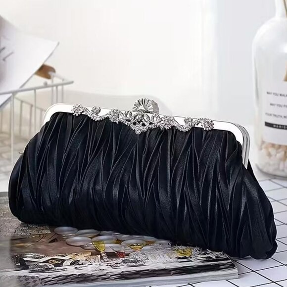 BLACK RUCHED EVENING BAG - Picture 1 of 3
